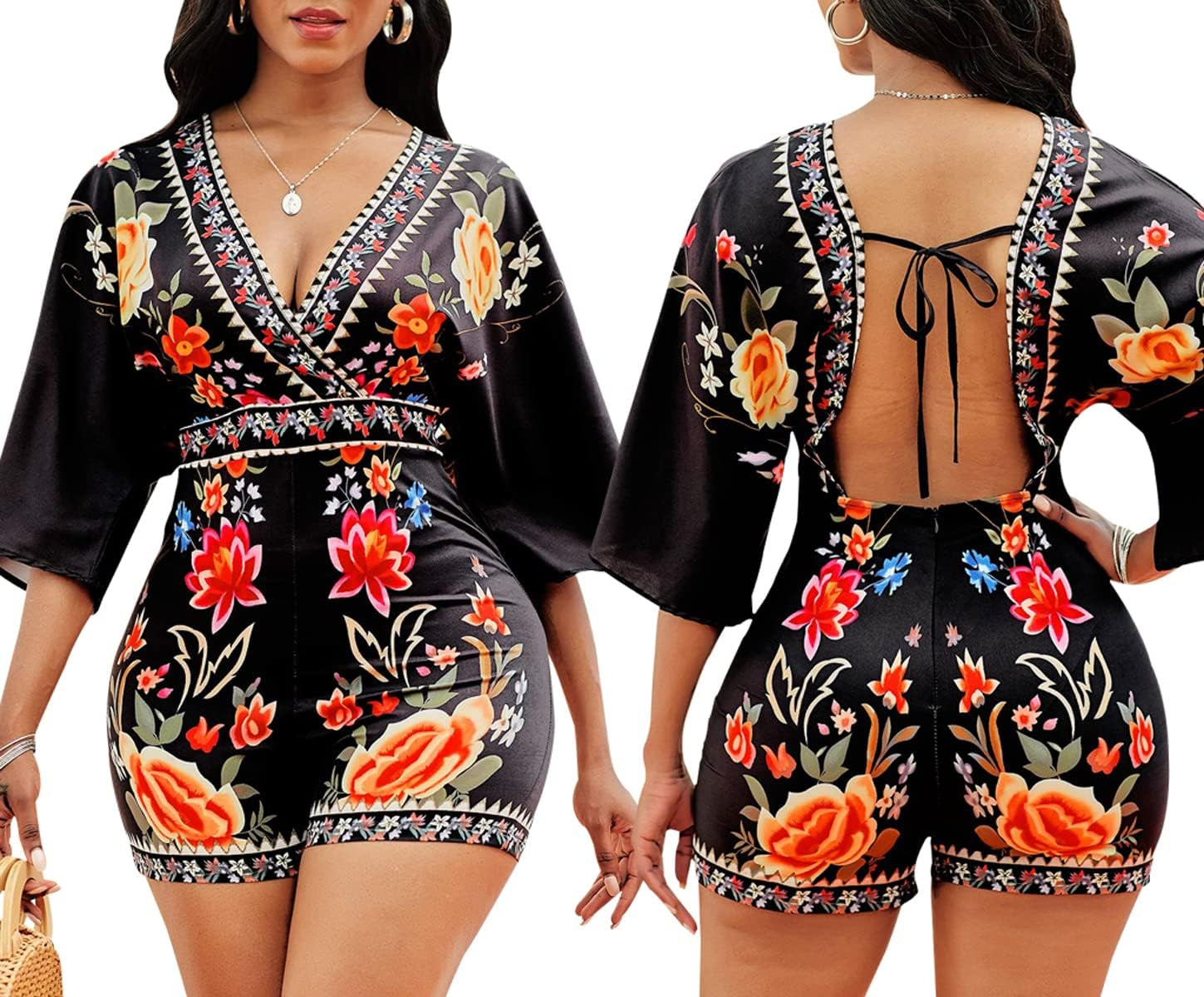 Women'S Sexy Short Rompers V Neck Backless Jumpsuit Floral Print Loose Half Sleeve Bodysuit One Piece Outfit