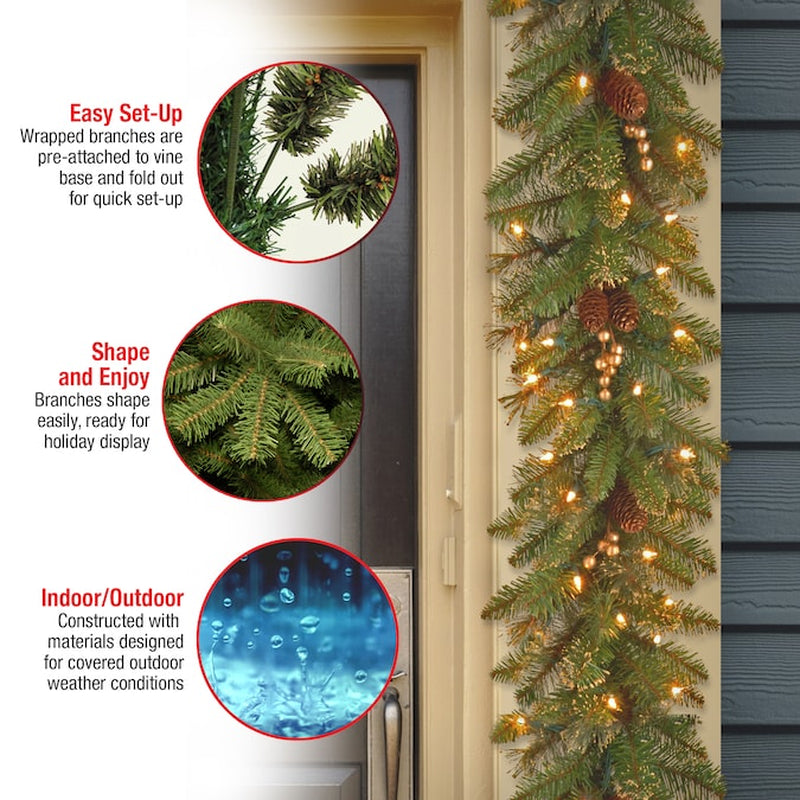 Indoor/Outdoor Pre-Lit Electrical Outlet 9-Ft Pine Artificial Garland with White Incandescent Lights