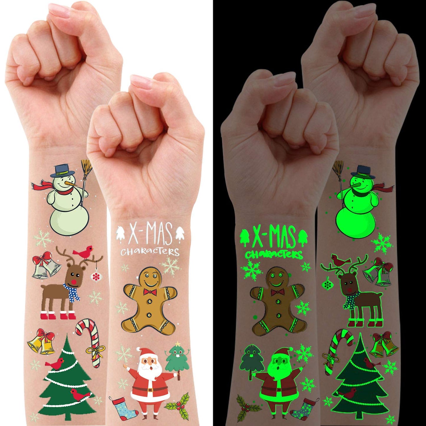 Luminous Christmas Temporary Tattoos for Party Decorations, Glow Christmas Stocking Stuffers for Kids Party Favors Supplies, Xmas Holiday Stickers for Kids Boys Girls - 4 Sheets