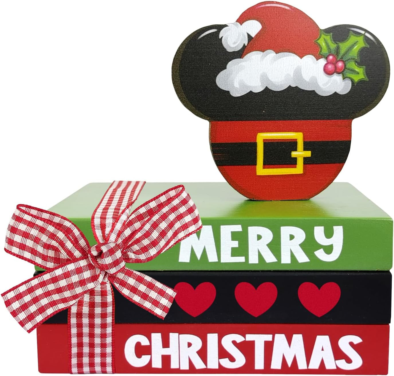 Merry Christmas Mini Wood Book Stacks, Xmas Santa Tiered Tray Decor, Funny Winter Holiday Decorative Wooden Sign, Farmhouse Rustic Shelf Table Home Decorations with Plaid Bow