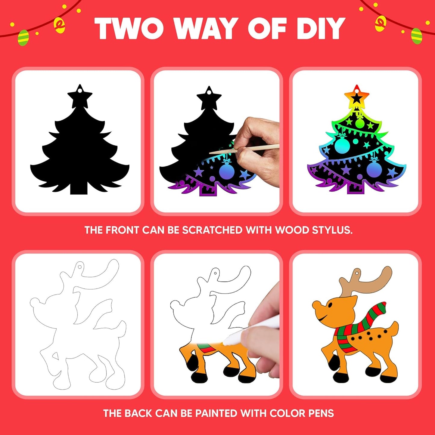 72 Pcs Christmas Scratch Art Ornaments, Rainbow Color Scratch Paper Craft Kit Include Snowman, Christmas Tree, and Reindeer, Scratch off Hanging Ornament for Kids Party Favor