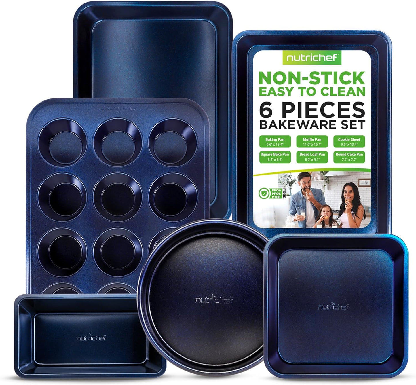 6-Piece Non-Stick Baking Pans - Carbon Steel Baking Trays with Nonstick Coating - Includes Muffin Pan, Loaf Pan, Cookie Sheets, & round Pan - Restaurant Quality Baking Set, Dishwasher Safe