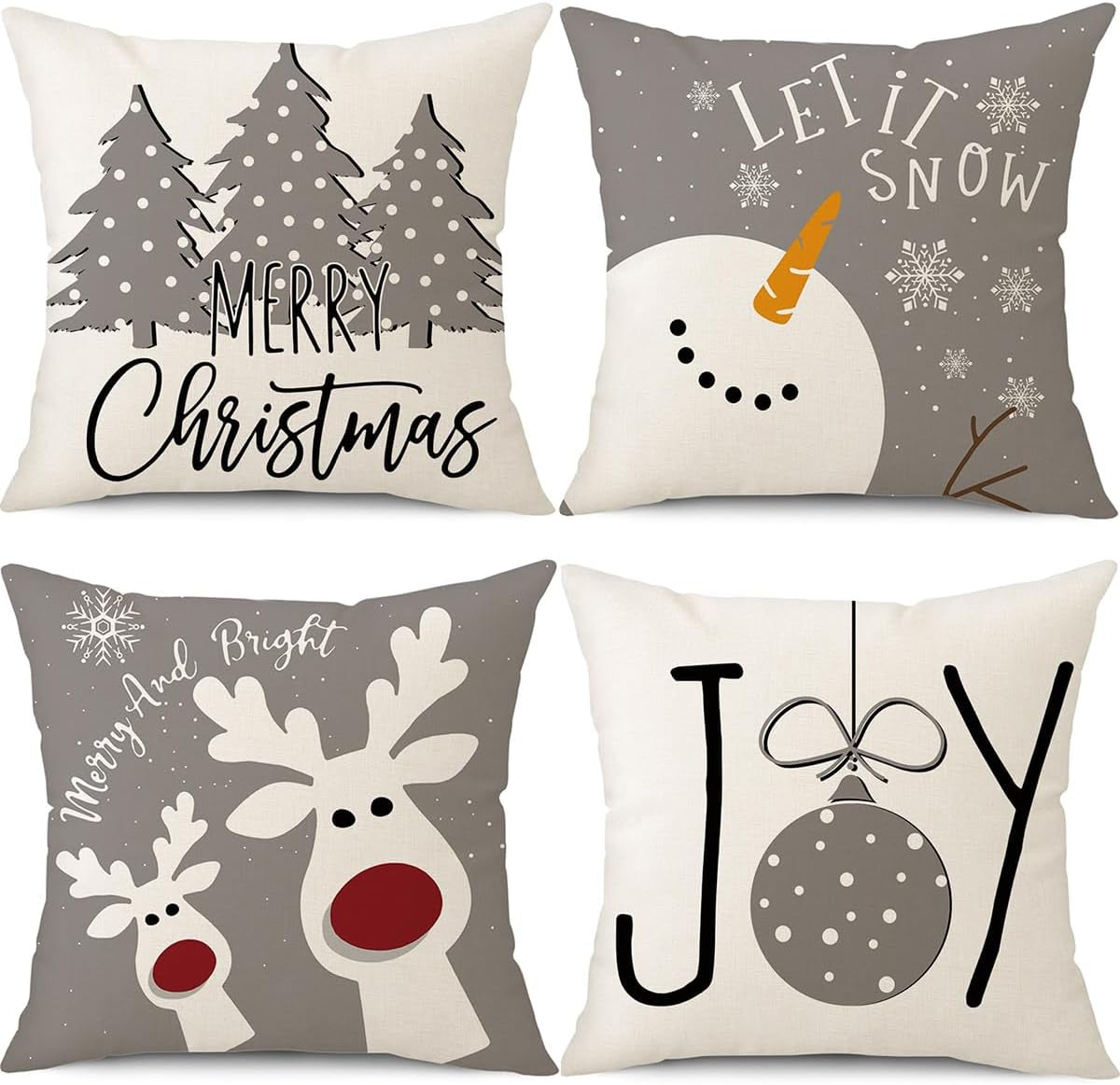 Christmas Pillow Covers 18X18 Set of 4 Christmas Decorations Snowman Deer Christmas Tree Winter Holiday Decor Throw Cushion Case for Home Couch
