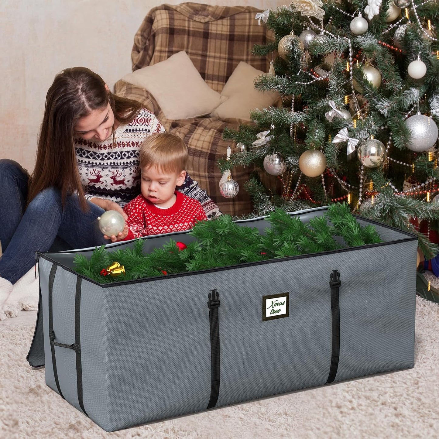 Christmas Tree Storage Bag 9Ft, Christmas Tree Bag with Adjustable Straps Fits Artificial Tree, Christmas Tree Storage Box 600D Waterproof Oxford Extra Large Heavy Duty, Dual Zippers