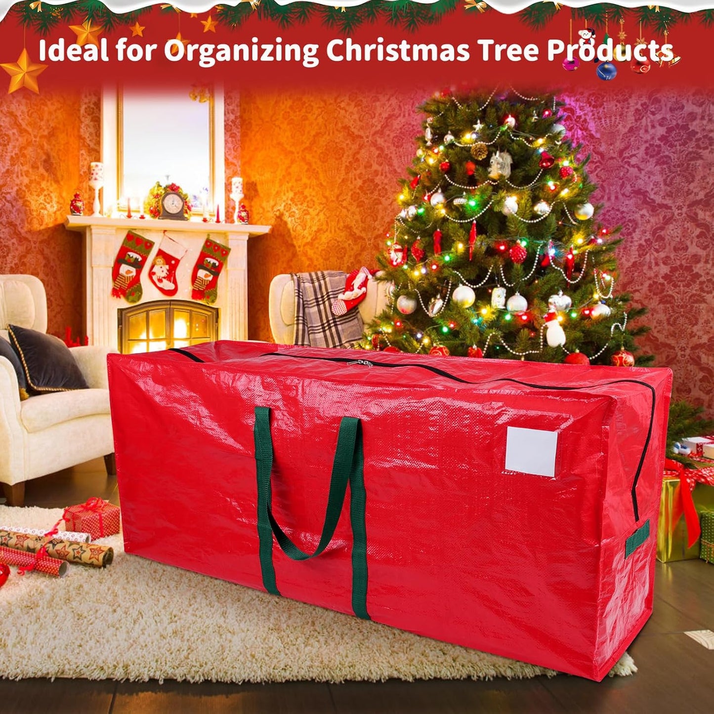 Christmas Tree Storage Bag, Fits 9 Ft Holiday Xmas Artificial Tall Disassembled Tree, Waterproof Christmas Tree Bag with Durable Reinforced Handles & Dual Zipper, Labeling Card Slot, Red