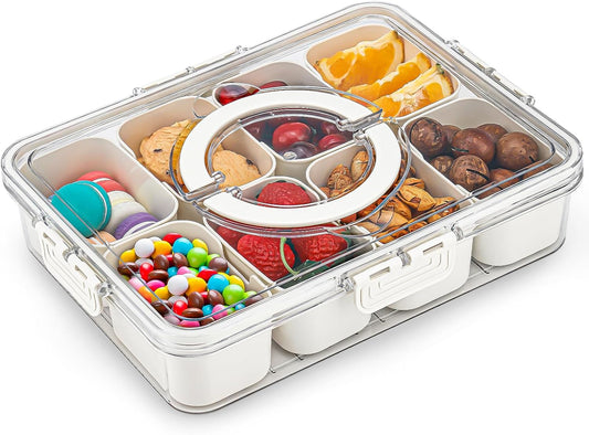 Divided Serving Tray with Lid and Handle - Portable Snackle Box Charcuterie Container, 8 Compartments Clear Snack Platter Organizer for Fruits, Candy, Nuts, Snacks - Ideal for Party, Travel & Picnics