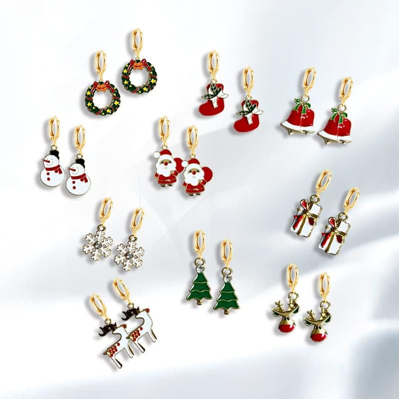 10 Pairs Christmas Hoop Huggie Earrings for Women Christmas Stud Earrings Christmas Trees Bells Snowflakes Earrings for Thanksgiving Xmas Holiday Jewelry