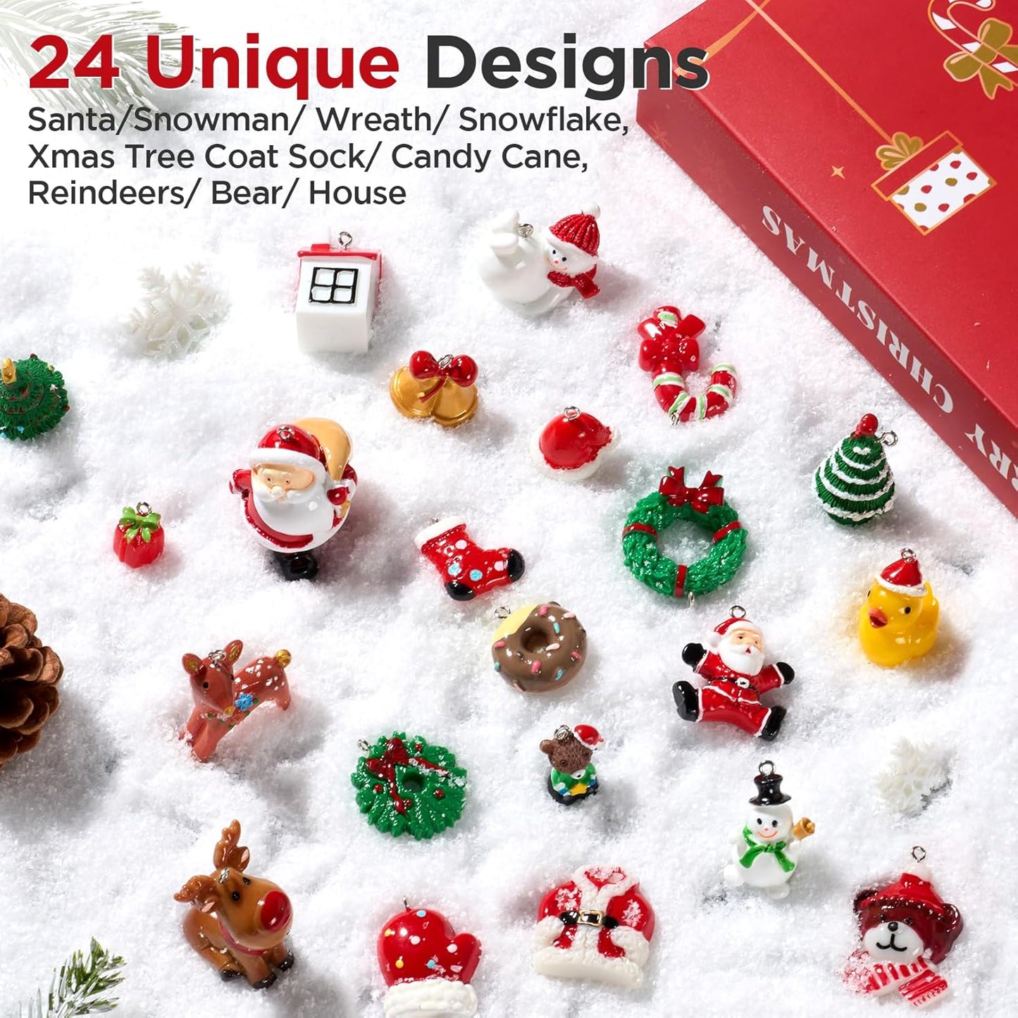 Mini Christmas Ornaments, Set of 24 Cute Miniature Resin Christmas Tree Ornament Figures Advent Calendar Fillers, Durable & Well-Crafted 3-D Figurines with Gold Loops for Easy Hanging