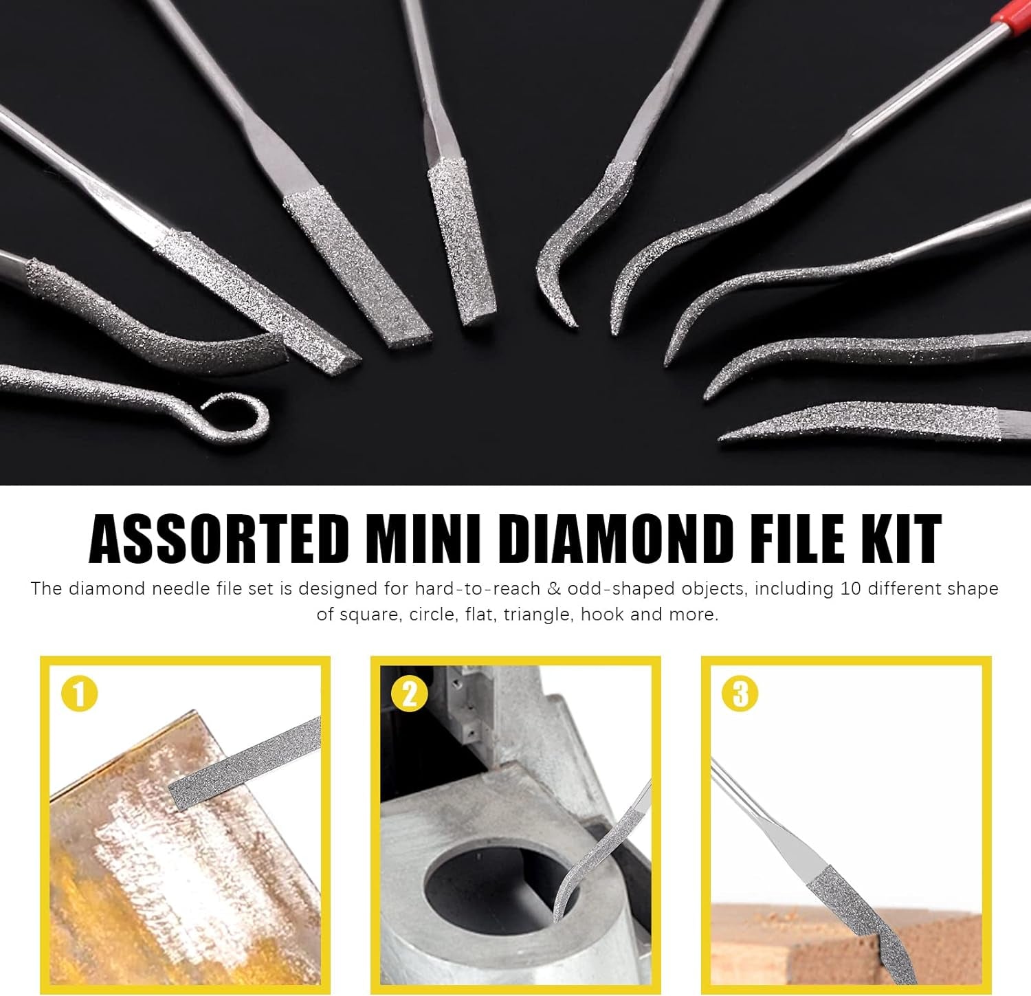 11 Pcs Mini Diamond File Assorted Set Contains Small Flat Needle Square round Shape Rifler Files, Multipurpose Needle File Set with Bonus Cutter for Woodworking, Sanding, Jewelers, Metal