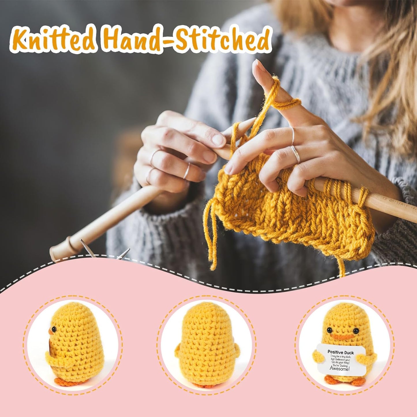 Inspirational Crochet Positive Duck – Handmade Emotional Cheer Support Funny Pickle Potato Gifts for Women Friend Men Coworker Birthday Christmas Stocking Stuffer White Elephant under 10 Dollars