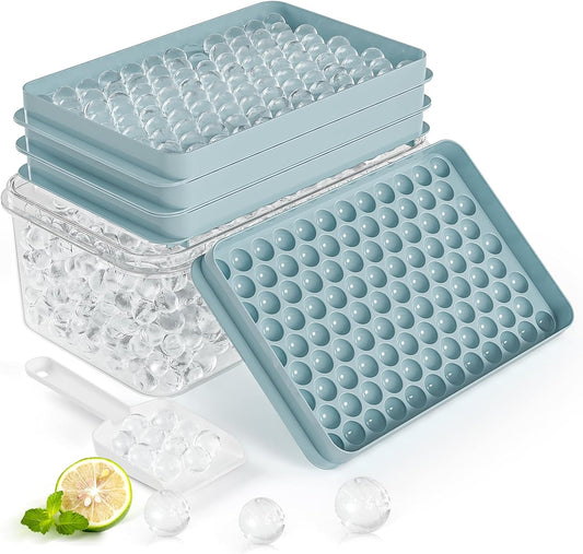 Round Ice Cube Tray Set with Lid & Bin – Create round Ice Balls, Ice Trays for Freezer Is Easy to Release & Sturdy– Small Pellet Ice Maker for Drinks, Coffee and Cocktails (0.6 In/ 416 Balls)