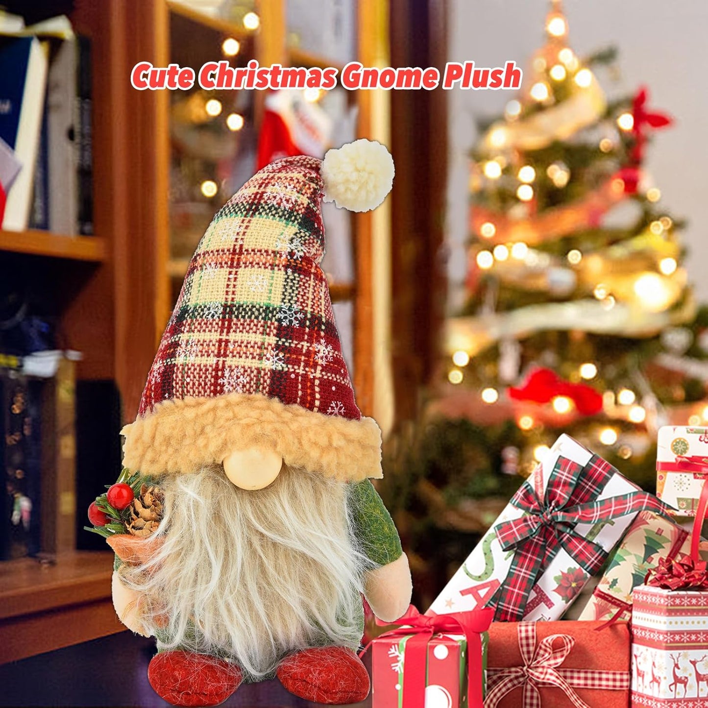 Christmas Tiered Tray Decorations Set - 11Pcs Tiered Tray Christmas Decor Set with Wooden Signs Gnome Plush Bead Garland, Farmhouse Tiered Tray Decor for House Room Table Holiday Party