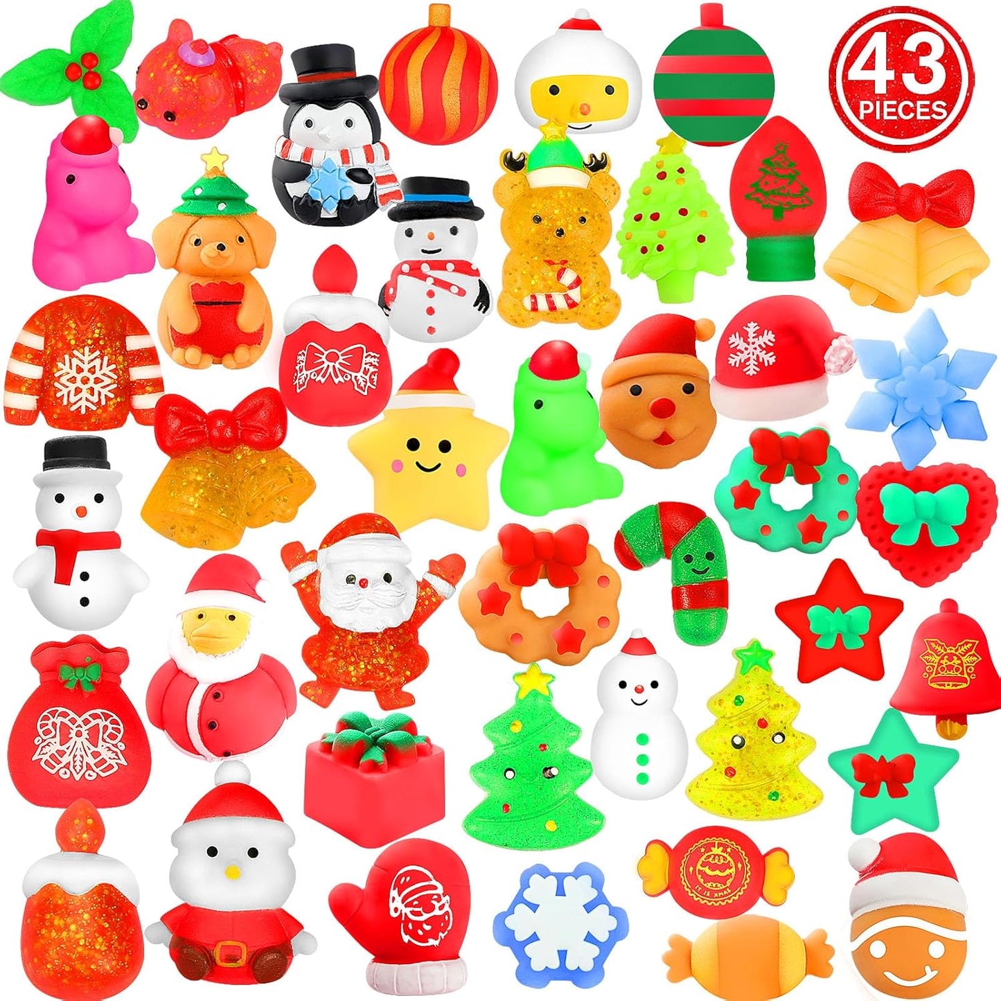 Christmas Party Favors, 43 Pcs Mochi Squishy Toys Squishies for Kids, Stress Relief Toys for Christmas Goodie Bags Treats Decorations Classroom Prizes Birthday Gift Toys Pack