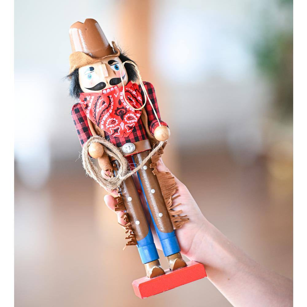 14 In. Wooden Christmas Western Cowboy Nutcracker - Brown and Red Nutcracker Cowboy with Lasso Holiday Decor