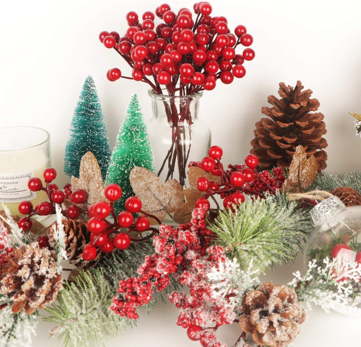 20 Pack 7 Inch Burgundy Red Berry Picks for Christmas Tree Branches Decorations for Home Holly Berries for Crafts Winter Holiday Wedding Decor