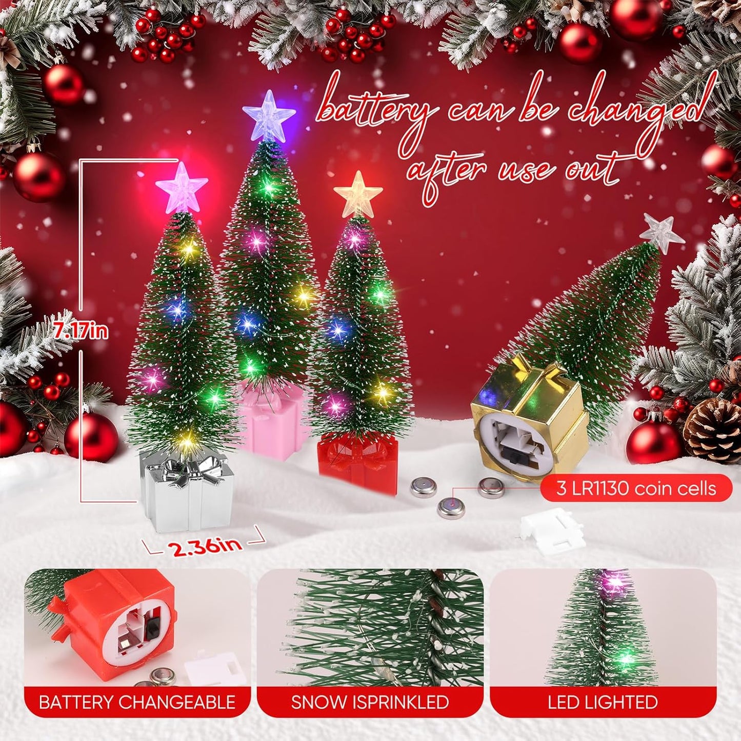 Mini Christmas Tree with Lights, 4 Pack Tabletop Christmas Tree with LED Lights for Indoor Christmas Decorations Holiday Party Ornagment, Christmas Centerpieces for Tables (4)