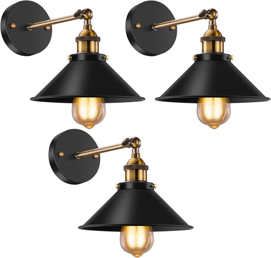 Licperron Vintage Wall Sconces, Industrial Sconces Wall Lighting, Antique 240 Degree Adjustable Black Wall Sconce for Restaurants Galleries Kitchen Room Doorway, 3 Pack, UL Approval