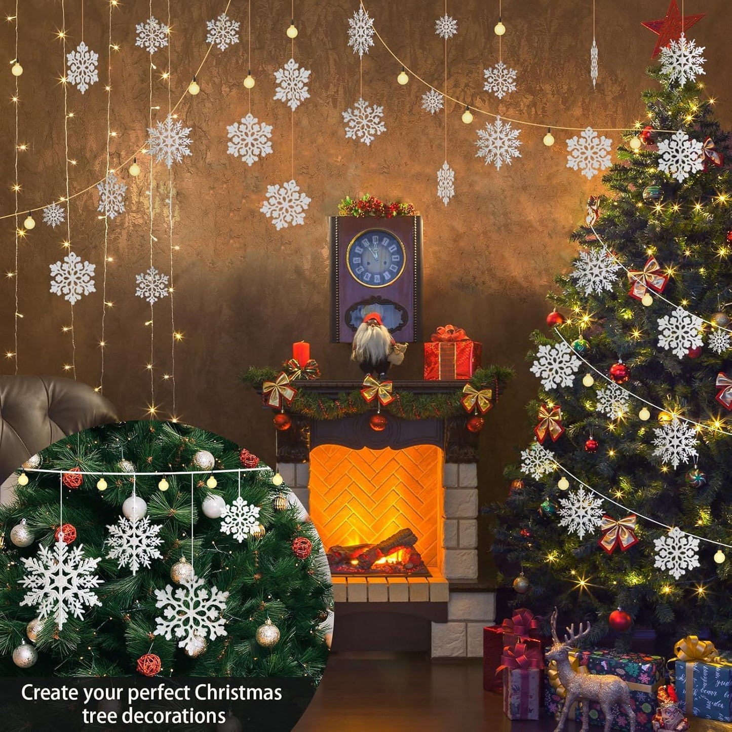 36Pcs Snowflakes-Christmas Tree Decorations, Snowflake Ornaments for Tree, Plastic Glitter White Snow Flakes Ornaments, Christmas Indoor Winter Wonderland Decor