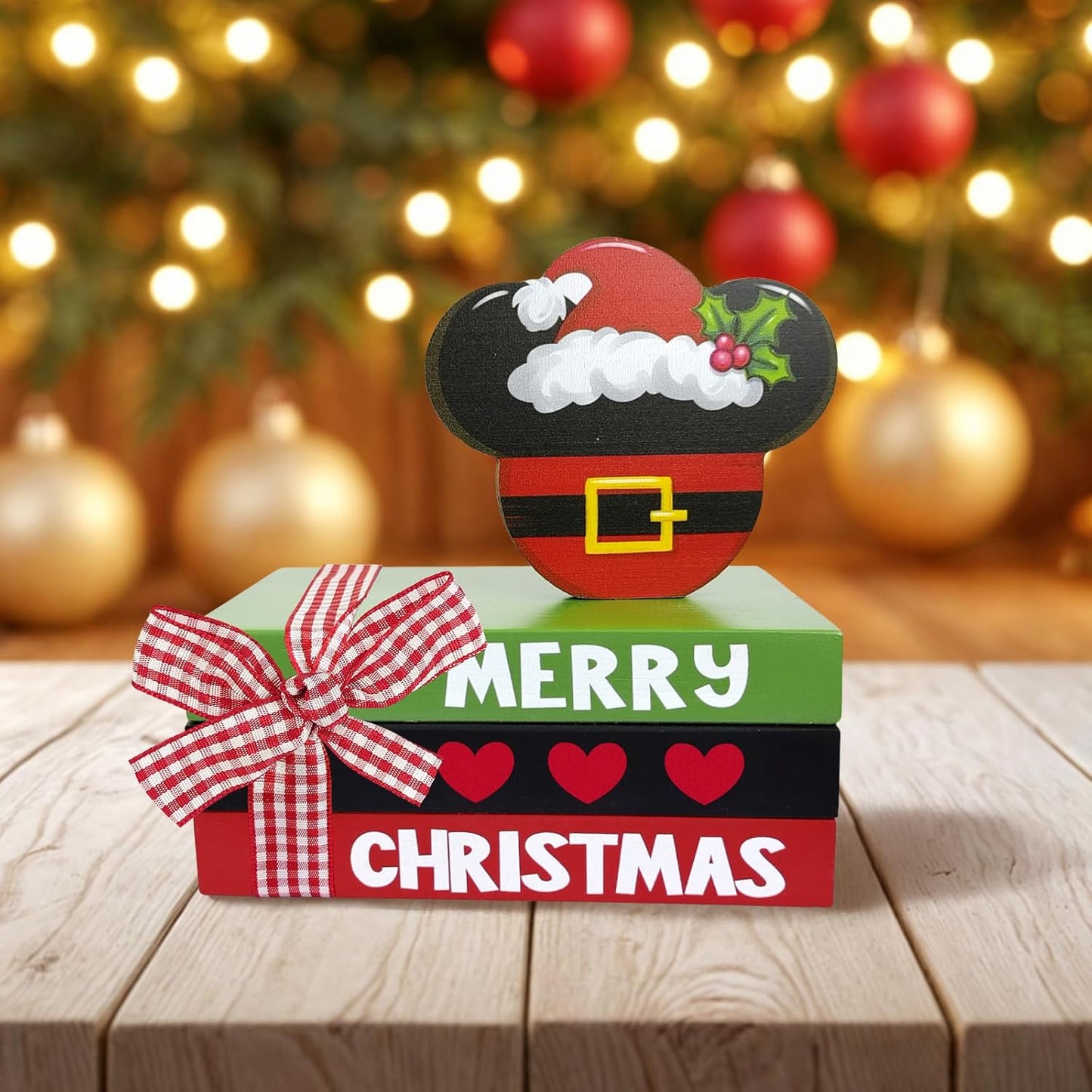 Merry Christmas Mini Wood Book Stacks, Xmas Santa Tiered Tray Decor, Funny Winter Holiday Decorative Wooden Sign, Farmhouse Rustic Shelf Table Home Decorations with Plaid Bow