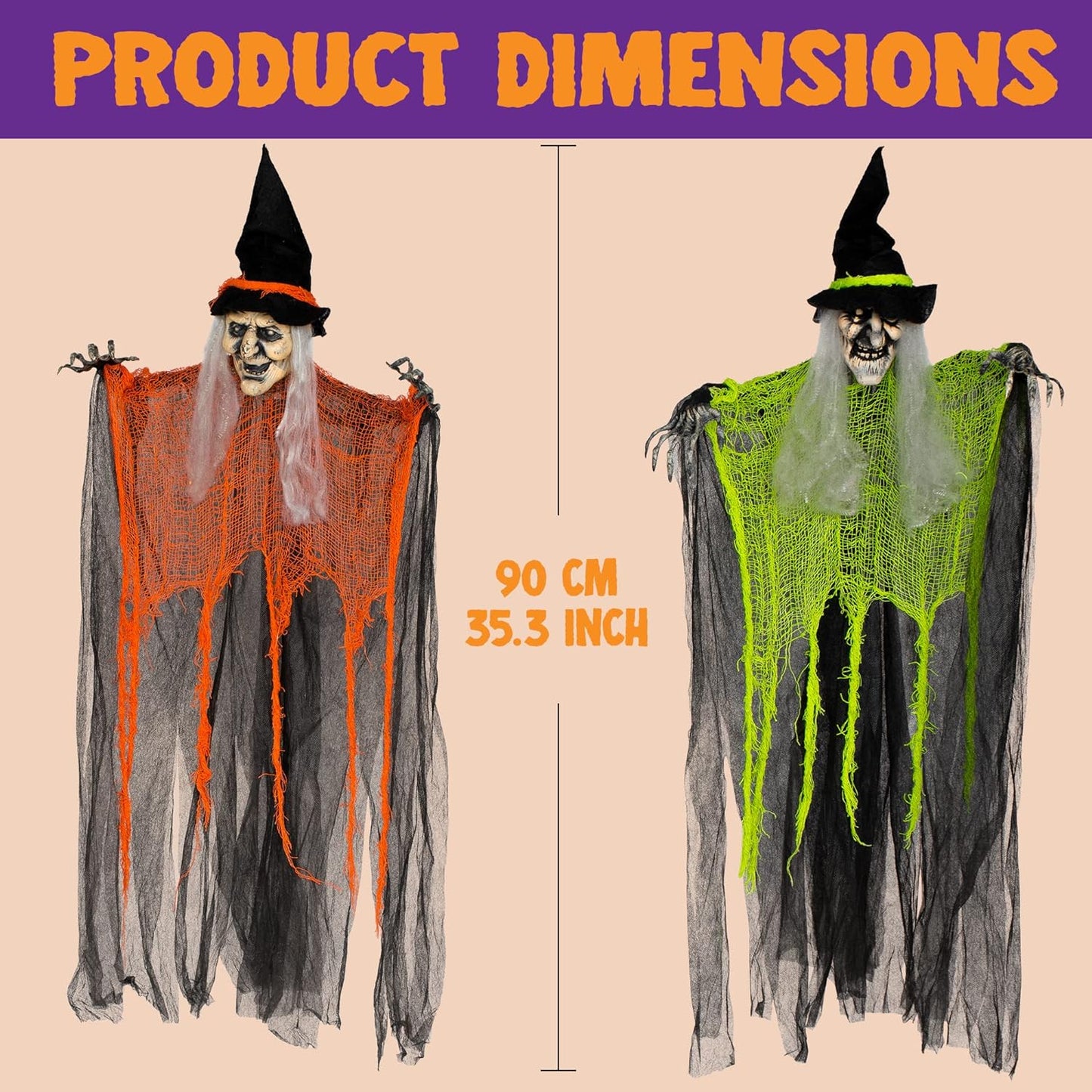 3 Pack 35.3" Hanging Witch with Bendable Arms, Halloween Indoor and Outdoor Decorations