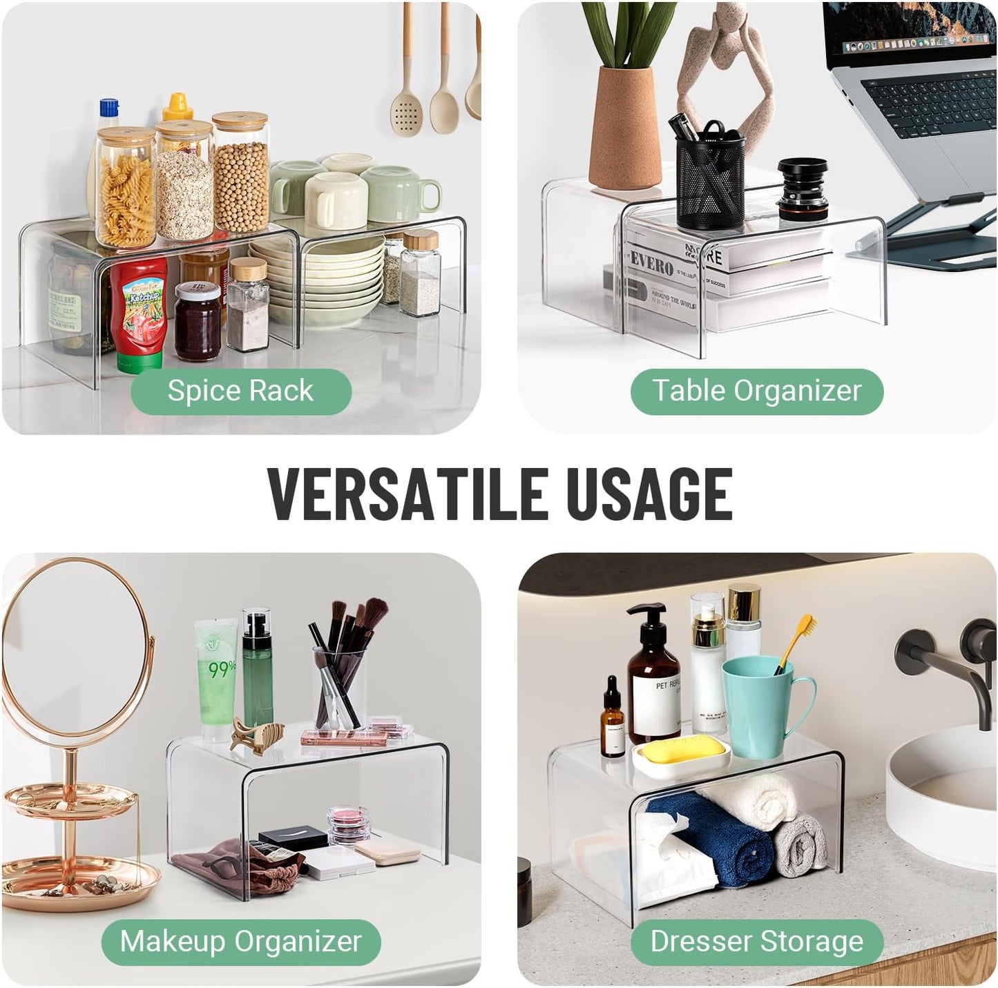 Clear Cabinet Organizer, Shelf Organizer Set of 2 for Kitchen Organizers and Storage, Display Pantry Cabinet Shelf Room Decor Countertop Desk Organizer Shelves, Patented Spice Organization for Cabinet