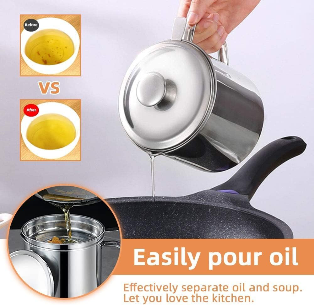 Oil Strainer Pot Grease Can 1.3L/44 Oz Food Strainer Oil Storage Container with Fine Mesh Strainer Dust-Proof Lid Non-Slip Tray for Storing Frying Oil & Cooking Grease