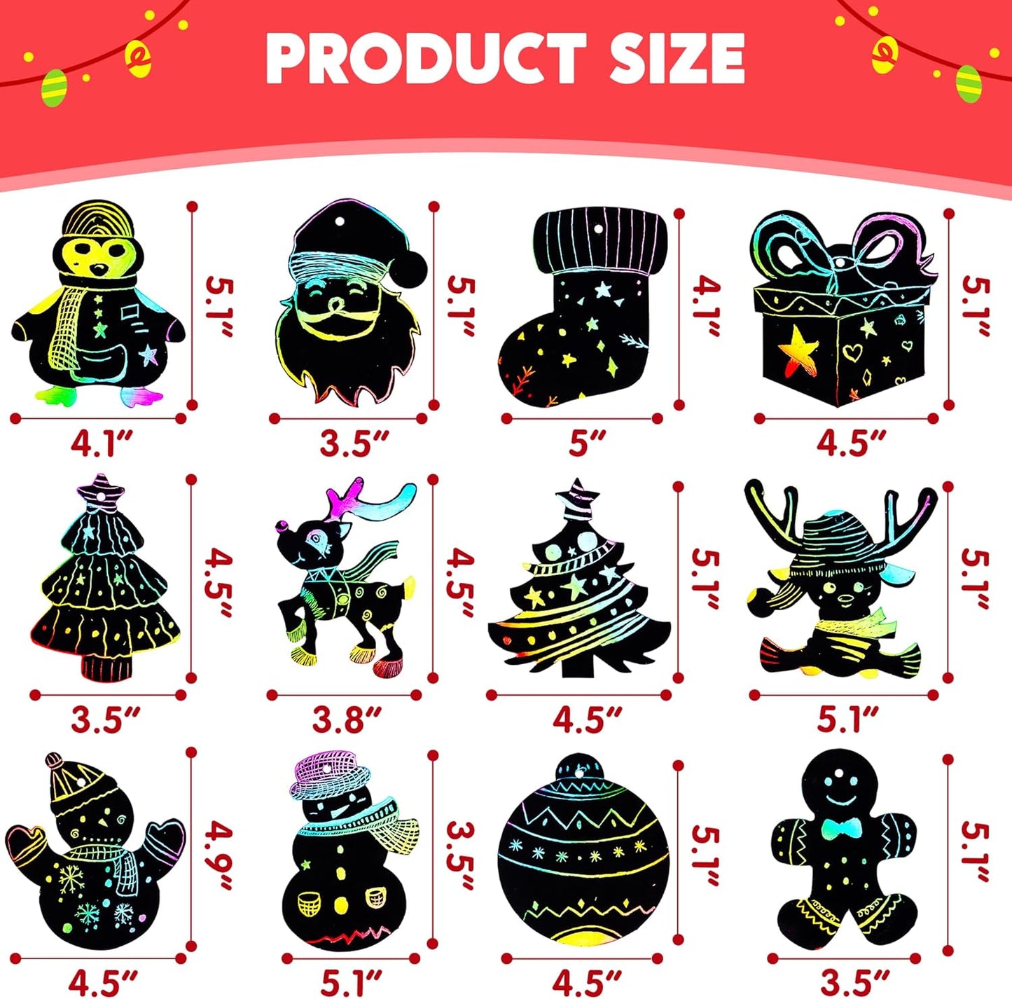 72 Pcs Christmas Scratch Art Ornaments, Rainbow Color Scratch Paper Craft Kit Include Snowman, Christmas Tree, and Reindeer, Scratch off Hanging Ornament for Kids Party Favor
