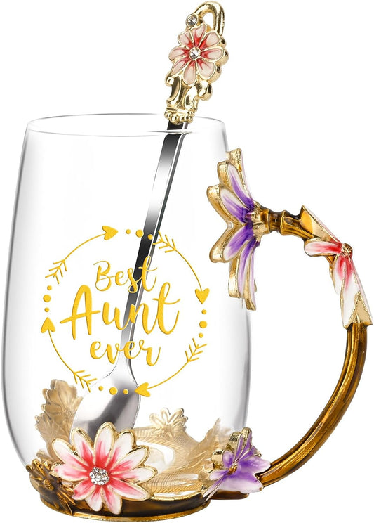 OEAGO Gifts for Aunt from Niece Nephew Tea Cup Cool Aunt Gifts Aunt Birthday Gift Enamel Flower Glass Mugs Christmas Mothers Day New Aunt Announcement Promoted to Aunt
