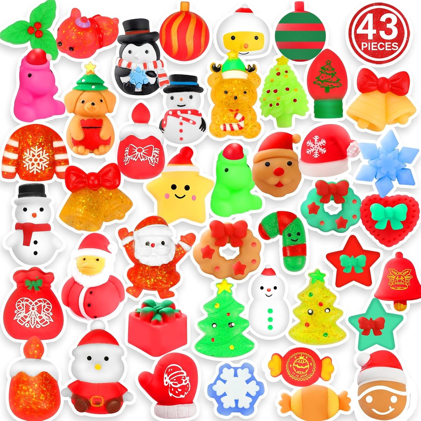 Christmas Party Favors, 43 Pcs Mochi Squishy Toys Squishies for Kids, Stress Relief Toys for Christmas Goodie Bags Treats Decorations Classroom Prizes Birthday Gift Toys Pack