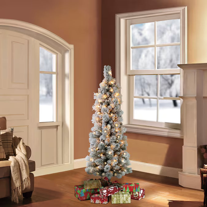 7.5-Ft Pencil Pine Pre-Lit Slim Flocked Artificial Christmas Tree with White Incandescent Lights