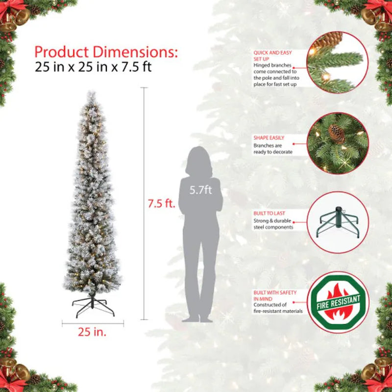 7.5-Ft Pencil Pine Pre-Lit Slim Flocked Artificial Christmas Tree with White Incandescent Lights
