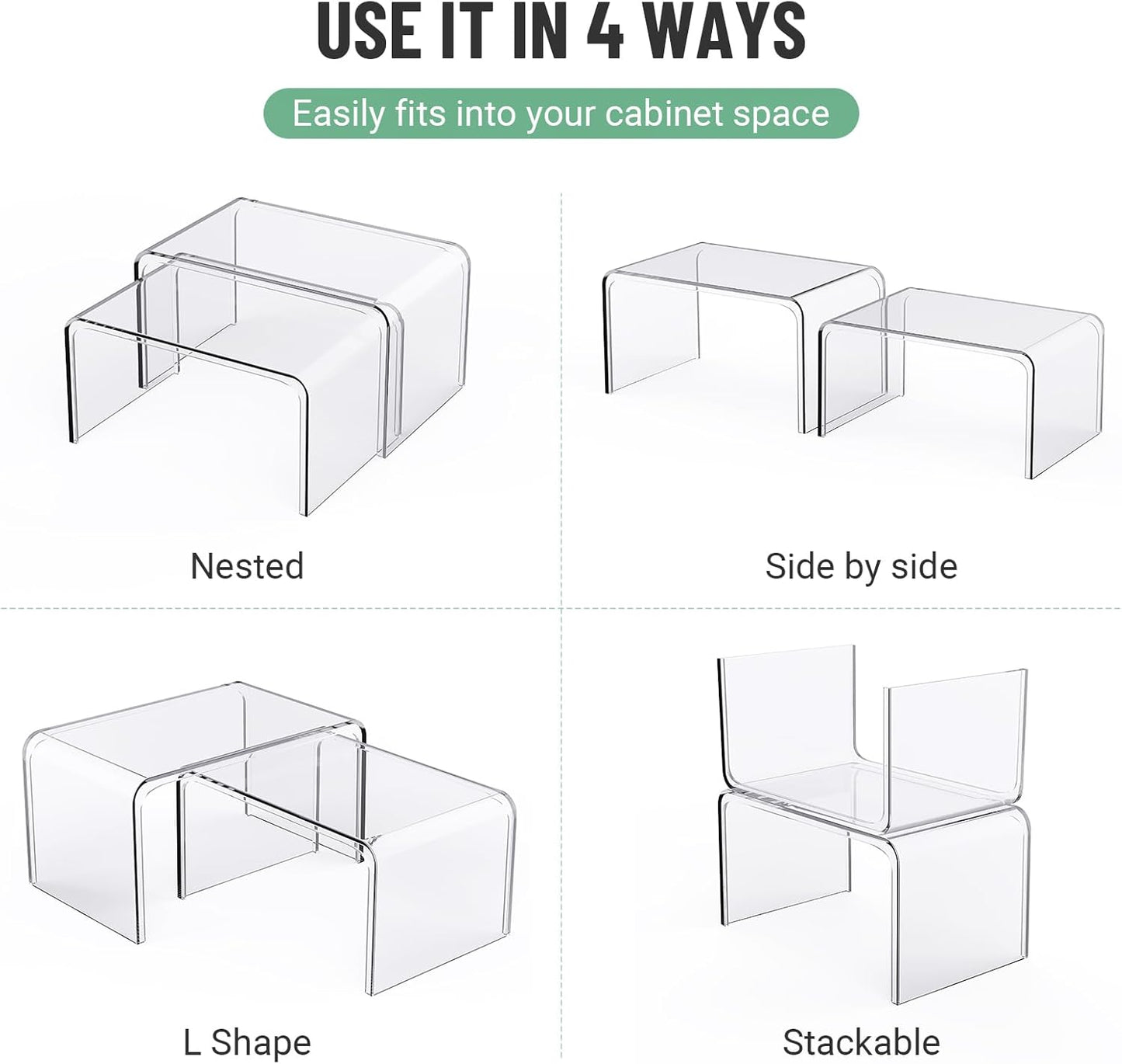 Clear Cabinet Organizer, Shelf Organizer Set of 2 for Kitchen Organizers and Storage, Display Pantry Cabinet Shelf Room Decor Countertop Desk Organizer Shelves, Patented Spice Organization for Cabinet