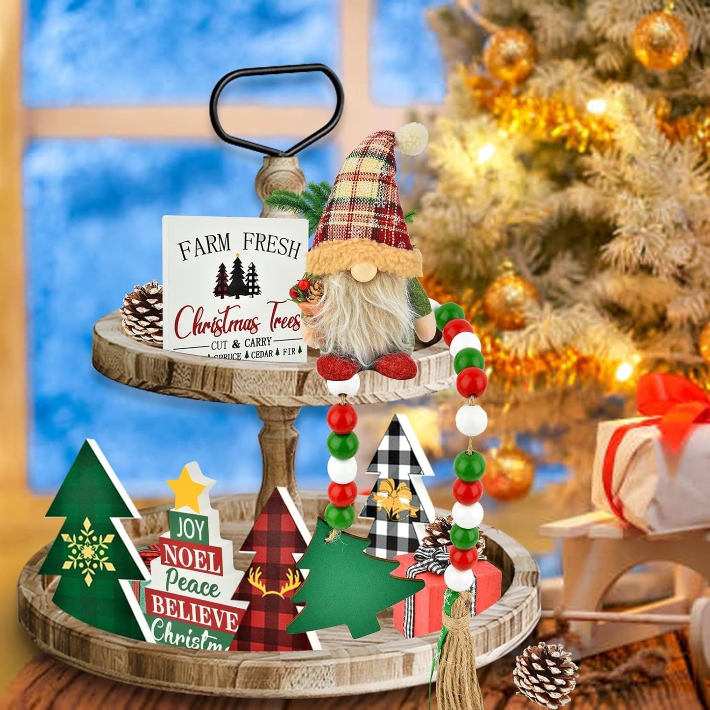 Christmas Tiered Tray Decorations Set - 11Pcs Tiered Tray Christmas Decor Set with Wooden Signs Gnome Plush Bead Garland, Farmhouse Tiered Tray Decor for House Room Table Holiday Party