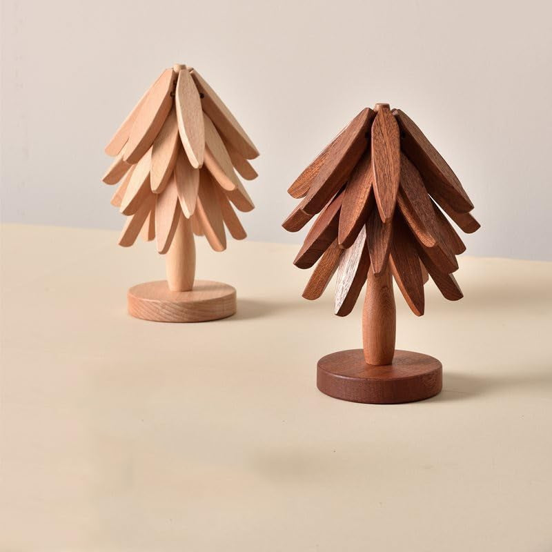 Tree Shape Trivet Set,Wooden Trivets for Hot Dishes Insulation Mat,Collapsible Coasters Trivets, Kitchen & Dining Decorations Item like a Christmas Tree - 4 Wooden Trivet + 1 Stand(Beech Wood) (Dark)