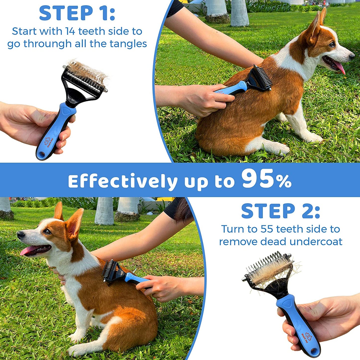 Dog Brush and Cat Brush-With Deshedding Brush, Dog Dematting Tools and 2 Side Shedding Brush Glove, Reduce Shedding up to 95%, for Short to Long Hair, Small to Medium Breeds by Ozark Pet (Blue Small)
