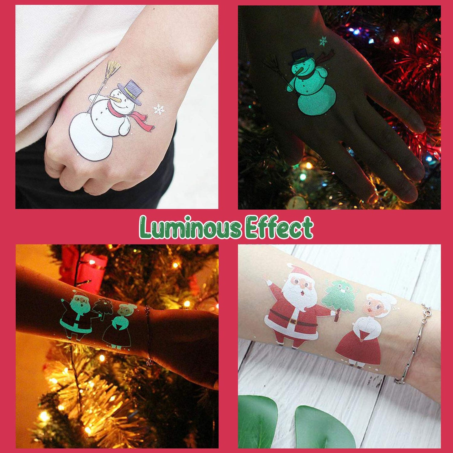 Luminous Christmas Temporary Tattoos for Party Decorations, Glow Christmas Stocking Stuffers for Kids Party Favors Supplies, Xmas Holiday Stickers for Kids Boys Girls - 4 Sheets