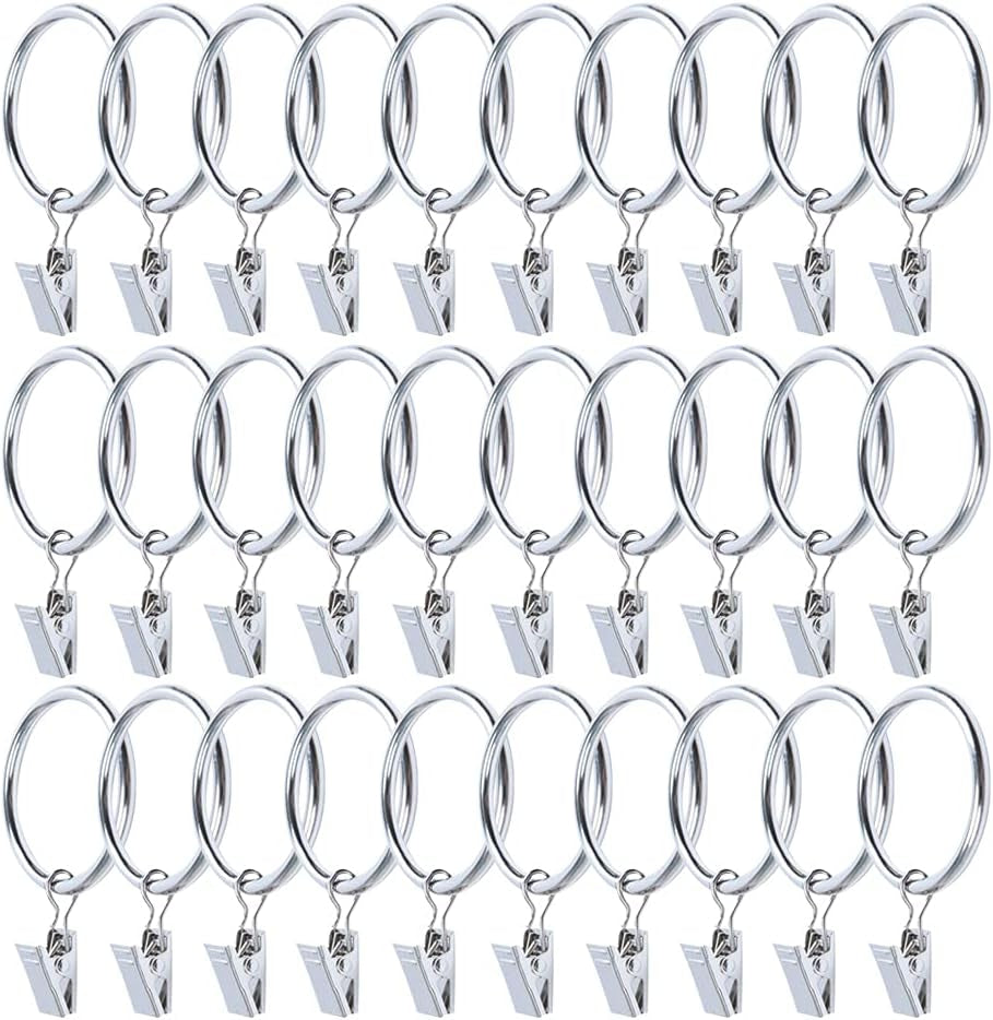 30-Pack Durable Iron Curtain Rings with Clips, 2.5-Inch Diameter, Rustproof Decorative Drapery Hooks - Vintage Silver Finish