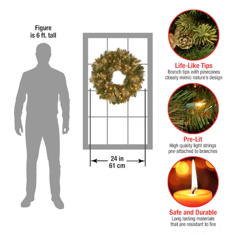 24-In Pre-Lit Indoor/Outdoor Battery-Operated Green Pine Artificial Christmas Wreath
