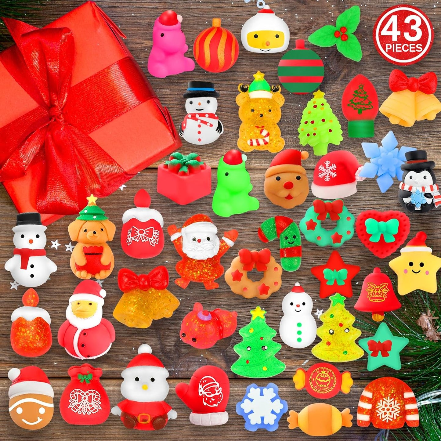 Christmas Party Favors, 43 Pcs Mochi Squishy Toys Squishies for Kids, Stress Relief Toys for Christmas Goodie Bags Treats Decorations Classroom Prizes Birthday Gift Toys Pack
