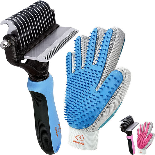 Dog Brush and Cat Brush-With Deshedding Brush, Dog Dematting Tools and 2 Side Shedding Brush Glove, Reduce Shedding up to 95%, for Short to Long Hair, Small to Medium Breeds by Ozark Pet (Blue Small)