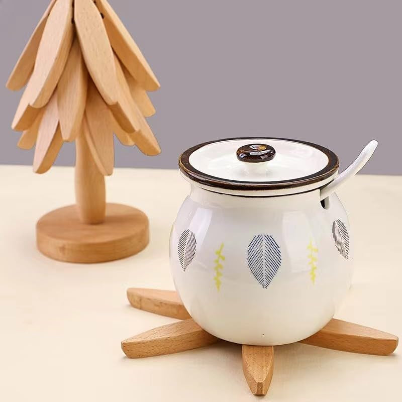 Tree Shape Trivet Set,Wooden Trivets for Hot Dishes Insulation Mat,Collapsible Coasters Trivets, Kitchen & Dining Decorations Item like a Christmas Tree - 4 Wooden Trivet + 1 Stand(Beech Wood) (Dark)