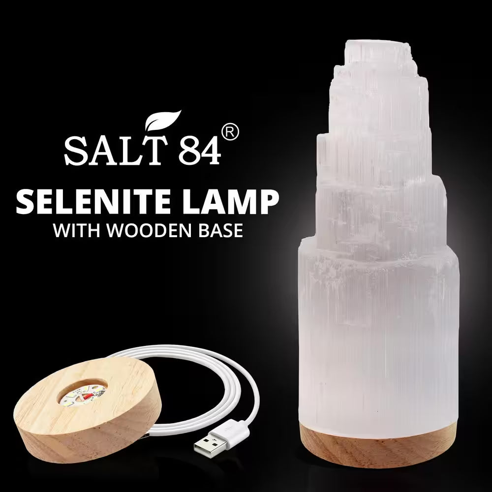 Selenite Crystal Healing and Calming Effects, High Spiritual Gift, Yoga and Meditation, 20 Cm Lamp with Wooden Base