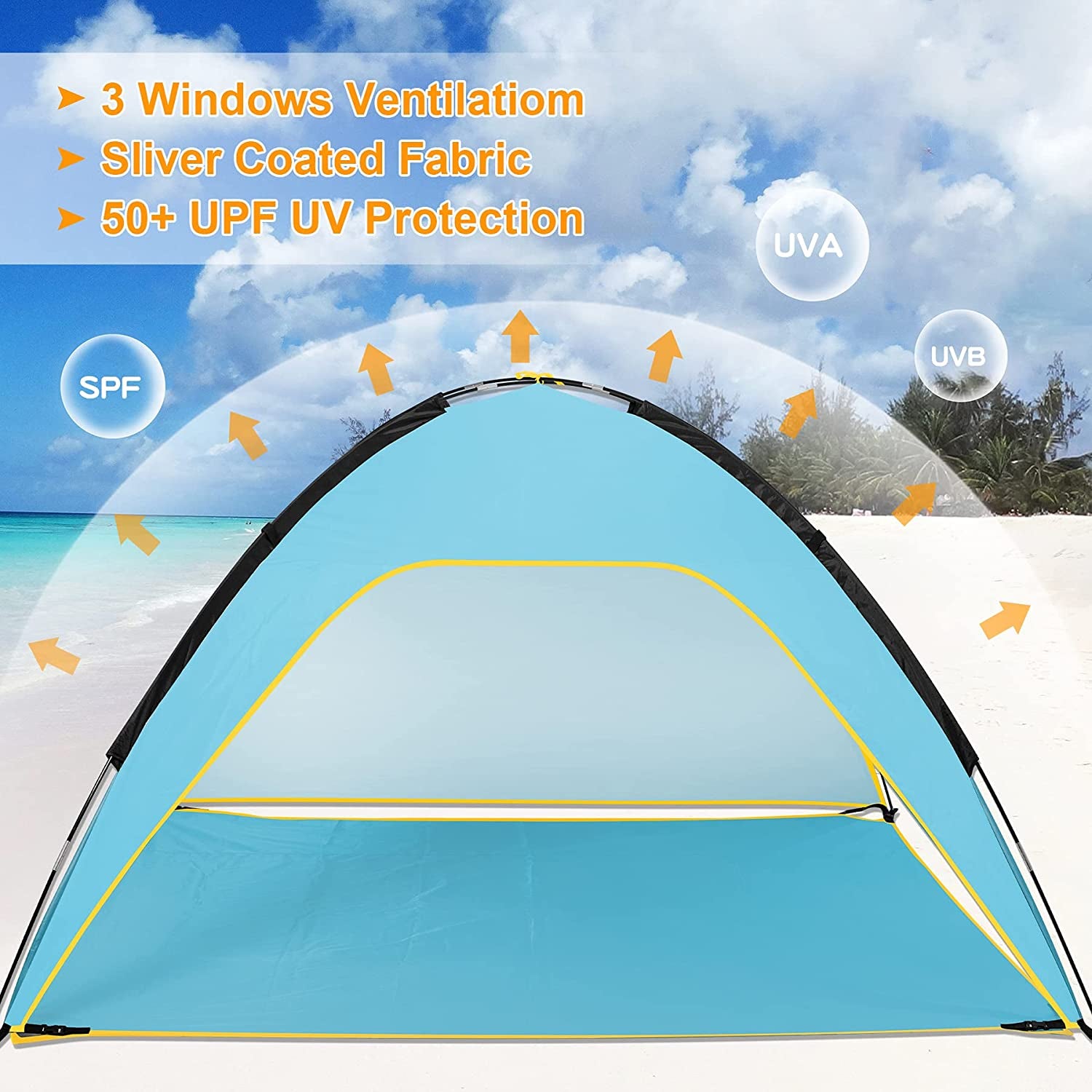 Fltom Beach Tent, Portable Beach Sun Shelter for UPF 50+ UV Protection, Easy Set up 3-4 Person Beach Tent Shade with Carry Bag, anti UV Beach Canopy Tent for Fishing Hiking Camping