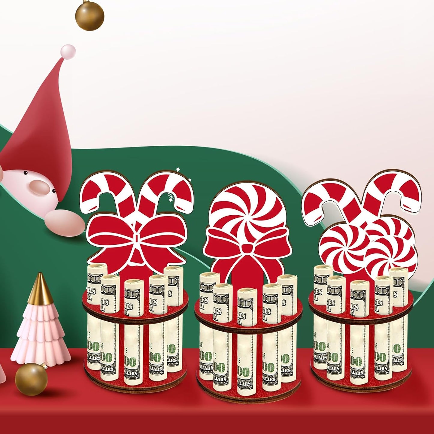 3 Pcs Wooden Christmas Money Holder for Cash Gift with 10 Holes Candy Color Money Holder for Placing Money Red and White Money Holder Xmas Table Decorations
