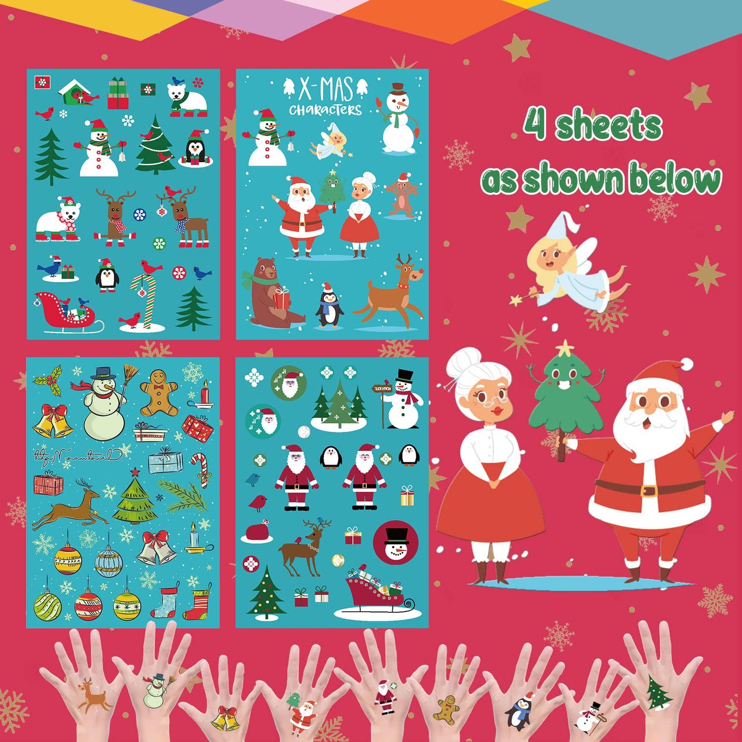 Luminous Christmas Temporary Tattoos for Party Decorations, Glow Christmas Stocking Stuffers for Kids Party Favors Supplies, Xmas Holiday Stickers for Kids Boys Girls - 4 Sheets
