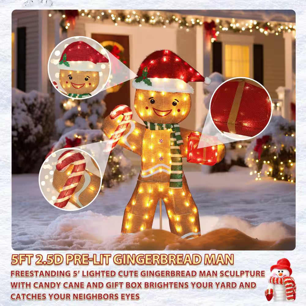 5 Ft. Gingerbread Man Outdoor Christmas Holiday Yard Decoration Warm White LED