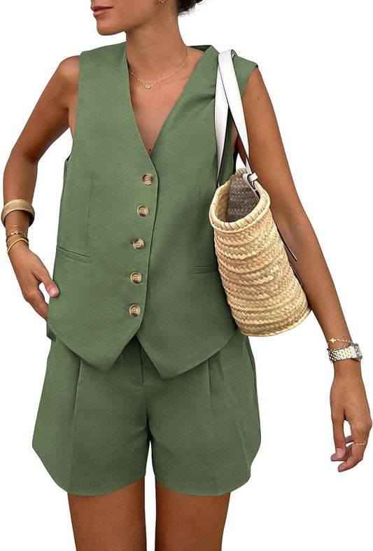 Pretty Garden Womens 2 Piece Suits Set Button down V Neck Vest Sleeveless Tops and Pockets Shorts Trendy Summer Outfits