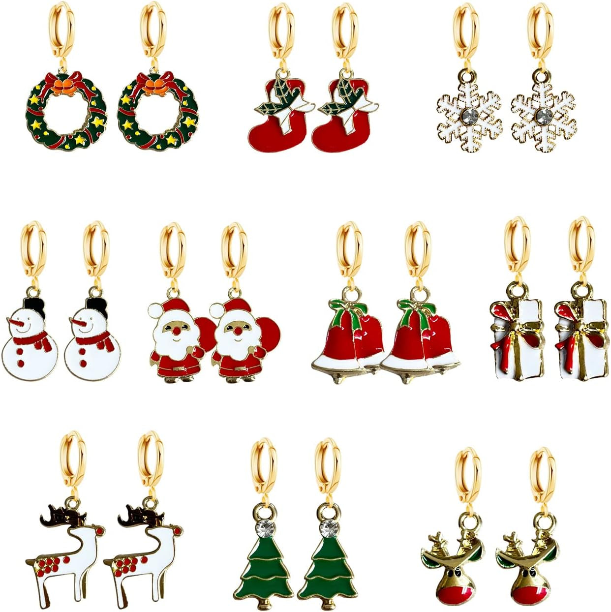 10 Pairs Christmas Hoop Huggie Earrings for Women Christmas Stud Earrings Christmas Trees Bells Snowflakes Earrings for Thanksgiving Xmas Holiday Jewelry