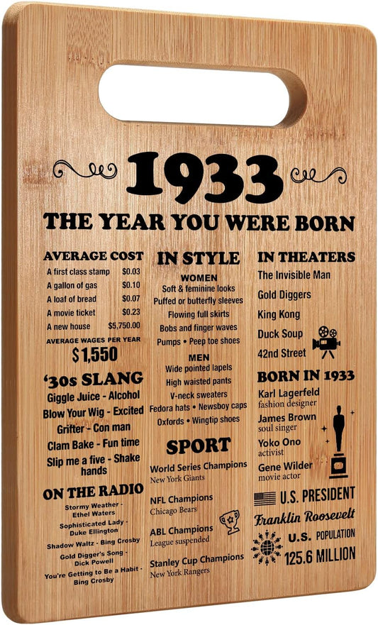 91St Birthday Gifts for Women Men, 91 Year Old Birthday Present, 1933 Poster, Back in 1933 Cutting Board, 91St Birthday Decorations