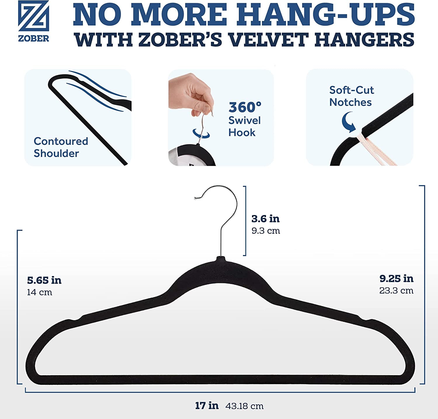 Zober Velvet Hangers 20 Pack - Black Hangers for Coats, Pants & Dress Clothes - Non Slip Clothes Hanger Set W/ 360 Degree Swivel, Holds up to 10 Lbs - Strong Felt Hangers for Clothing